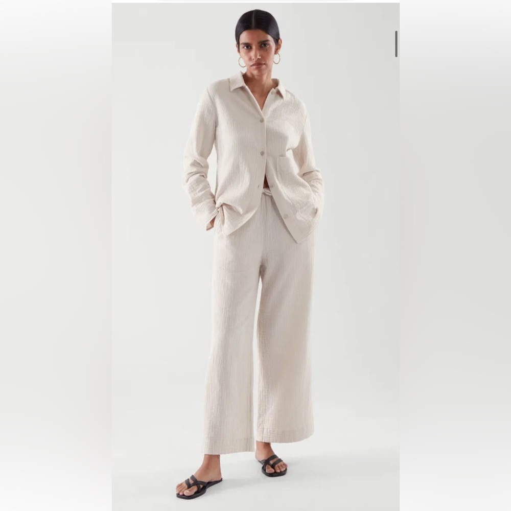 COS 2 Pc Set. cream muslin 100% Cotton Button Down Top Wide Leg Pants  SZ L